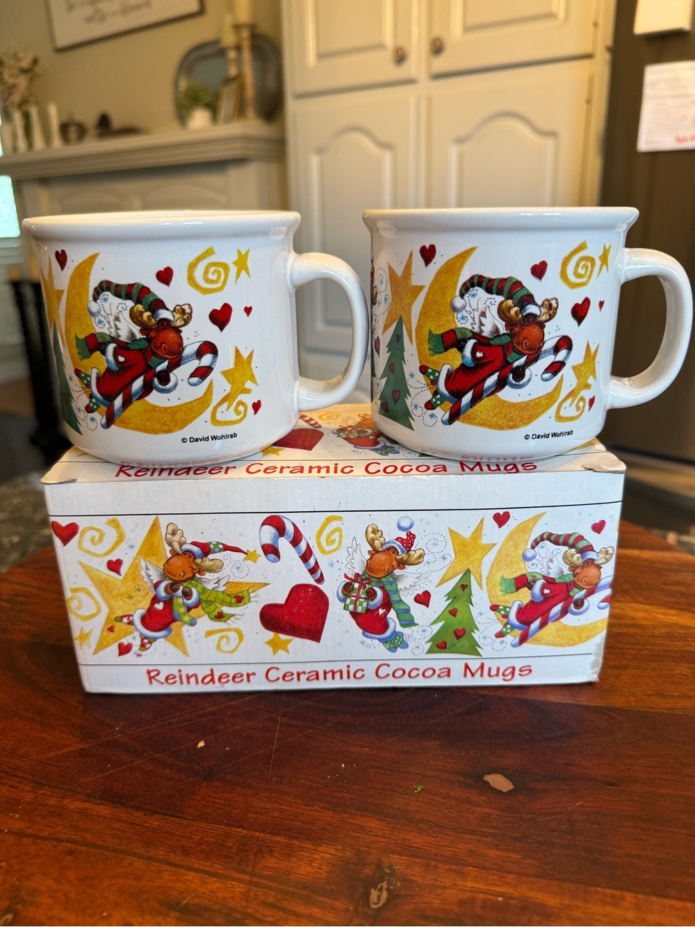 David Wohlrab "Reindeer Ceramic Cocoa Mugs" Vintage Holiday Christmas Coffee